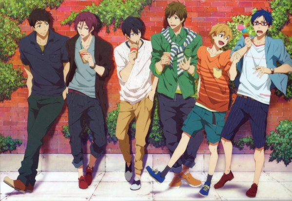 Anime picture 1613x1112 with free! kyoto animation matsuoka rin nanase haruka (free!) tachibana makoto hazuki nagisa ryugazaki rei yamazaki sosuke fringe short hair open mouth blue eyes black hair blonde hair smile red eyes brown hair standing brown eyes blue hair