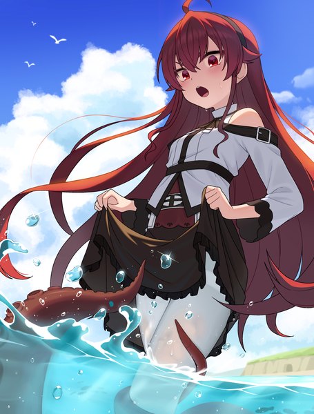 Anime picture 1000x1320 with mushoku tensei studio bind eris boreas greyrat child (isoliya) single long hair tall image fringe open mouth hair between eyes red eyes bare shoulders sky cloud (clouds) ahoge red hair partially submerged skirt hold girl skirt