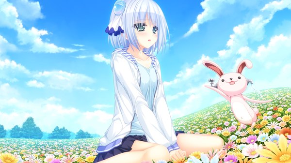 Anime picture 1920x1080 with usotsuki ouji to nayameru ohime-sama koinokawa rina tenmaso blush highres short hair blue eyes wide image game cg sky cloud (clouds) white hair girl dress hair ornament flower (flowers) toy stuffed animal