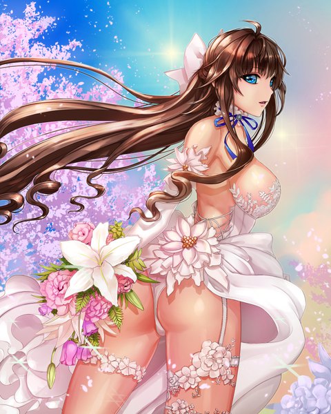 Anime picture 800x1000 with original luili single long hair tall image looking at viewer fringe breasts open mouth blue eyes light erotic hair between eyes brown hair large breasts standing holding sky ahoge ass outdoors