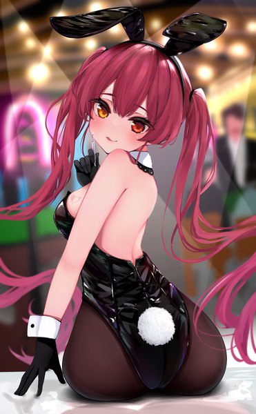 Anime picture 1852x2999 with virtual youtuber hololive houshou marine kohe billialot single long hair tall image blush highres light erotic sitting twintails animal ears ass red hair tail animal tail looking back bunny ears heterochromia