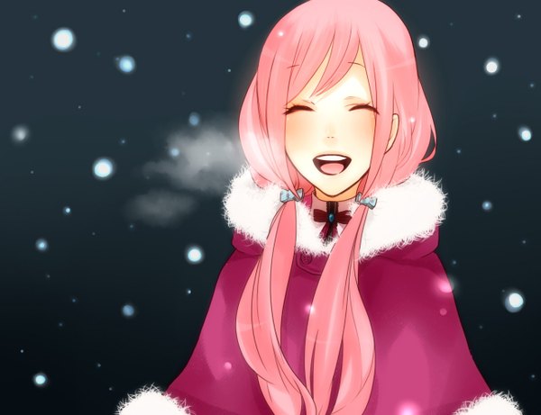 Anime picture 1300x1000 with vocaloid megurine luka koyubi single long hair open mouth pink hair eyes closed happy snowing winter exhalation girl winter clothes