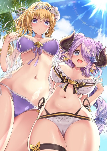 Anime picture 850x1200 with granblue fantasy narmaya (granblue fantasy) jeanne d'arc (granblue fantasy) narmaya (summer) (granblue fantasy) hakui ami long hair tall image looking at viewer blush fringe breasts open mouth blue eyes light erotic blonde hair smile hair between eyes large breasts standing twintails