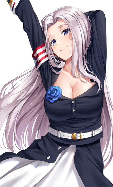 Anime picture 900x1486 with azur lane yorktown (azur lane) superpig (wlstjqdla) single long hair tall image looking at viewer blush fringe breasts blue eyes light erotic simple background smile large breasts standing white background cleavage silver hair arms up