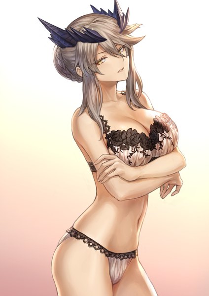 Anime picture 1302x1842 with fate (series) fate/grand order artoria pendragon (all) artoria pendragon (lancer alter) mashuu (neko no oyashiro) single tall image looking at viewer fringe short hair breasts light erotic simple background hair between eyes large breasts standing yellow eyes payot cleavage silver hair