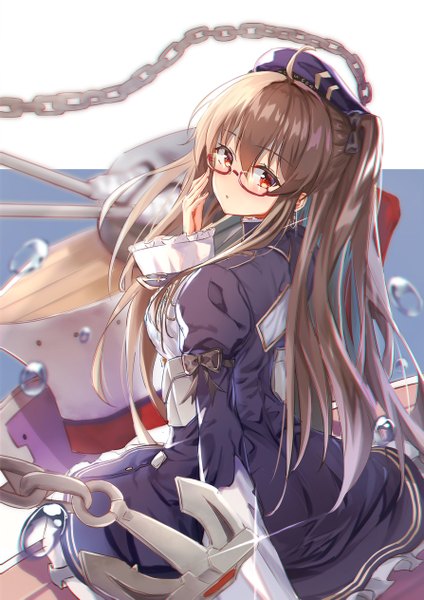 Anime picture 893x1263 with azur lane london (azur lane) eric (tianqijiang) single long hair tall image looking at viewer blush fringe breasts hair between eyes red eyes brown hair twintails ahoge ponytail long sleeves looking back from behind wide sleeves