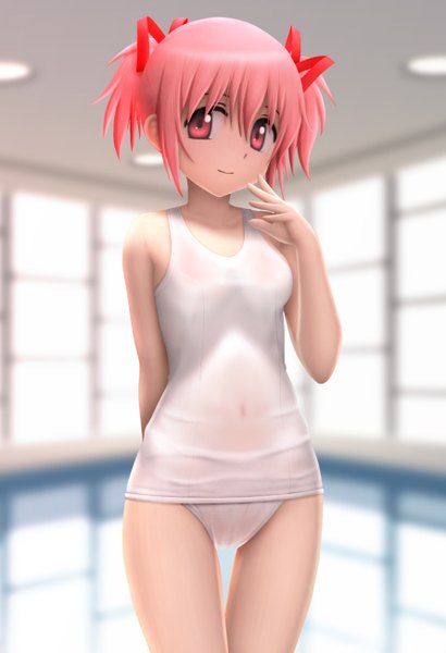 Anime picture 890x1300 with mahou shoujo madoka magica shaft (studio) kaname madoka siraha single tall image looking at viewer short hair light erotic standing twintails pink hair pink eyes short twintails girl navel ribbon (ribbons) swimsuit hair ribbon one-piece swimsuit