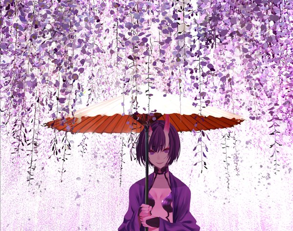 Anime picture 1331x1050 with fate (series) fate/grand order shuten douji (fate) mikipuruun no naegi single looking at viewer fringe short hair breasts light erotic standing purple eyes purple hair horn (horns) oni horns oni girl flower (flowers) umbrella oriental umbrella