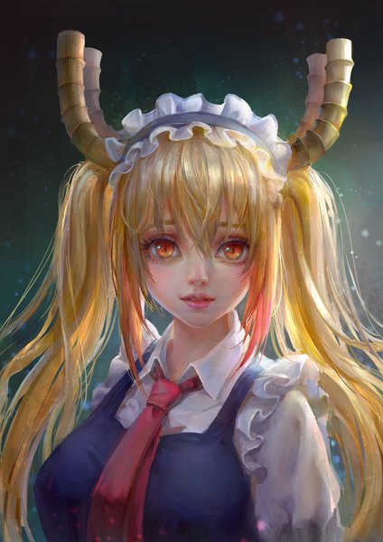 Anime picture 2480x3508 with kobayashi-san chi no maidragon kyoto animation tooru (maidragon) mu xiao tang single long hair tall image looking at viewer fringe highres simple background blonde hair hair between eyes red eyes twintails payot horn (horns) maid lipstick portrait