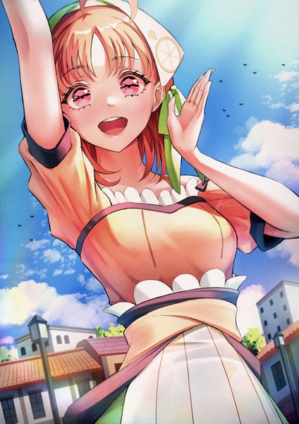 Anime picture 2894x4093 with love live! sunshine!! sunrise (studio) love live! takami chika notinversion single tall image looking at viewer blush fringe highres short hair open mouth smile standing sky cloud (clouds) ahoge outdoors :d