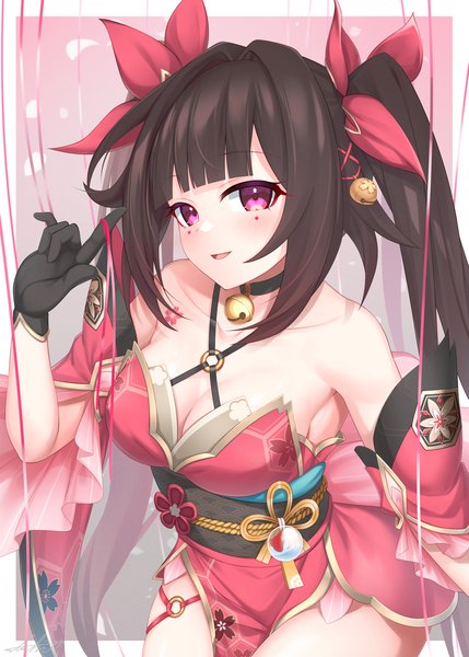 Anime picture 1295x1812 with honkai: star rail honkai (series) sparkle (honkai: star rail) bananatsukis single long hair tall image looking at viewer blush fringe breasts light erotic smile brown hair large breasts standing twintails bare shoulders signed payot