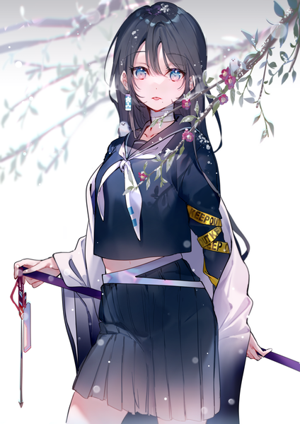 Anime picture 1157x1637 with original miwano rag single long hair tall image looking at viewer fringe breasts blue eyes black hair simple background hair between eyes standing long sleeves pleated skirt off shoulder grey background mole wide sleeves snow