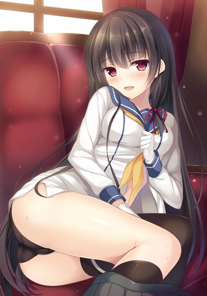 Anime picture 1419x2028 with kantai collection isokaze destroyer tomoo (tomo) single long hair tall image looking at viewer blush fringe breasts open mouth light erotic black hair red eyes large breasts bent knee (knees) ass head tilt sunlight pantyshot