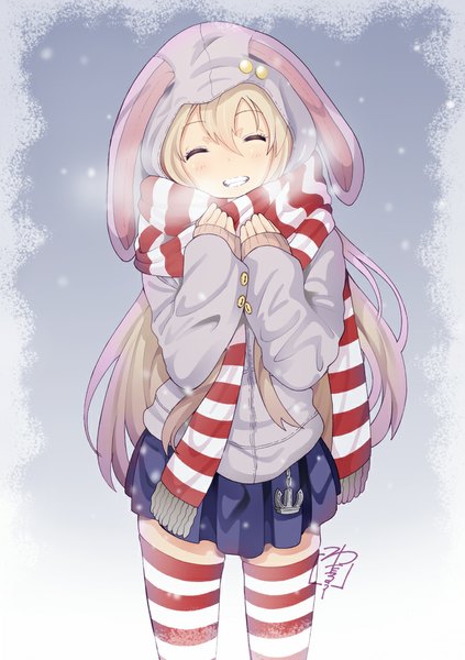 Anime picture 728x1032 with kantai collection shimakaze destroyer yamasaki wataru single long hair tall image open mouth blonde hair smile animal ears pink hair eyes closed pleated skirt multicolored hair from above two-tone hair bunny ears happy snowing exhalation