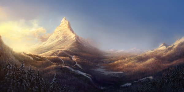 Anime picture 3500x1753 with original aspeckofdust (artist) highres wide image absurdres sky evening sunset mountain landscape river plant (plants) tree (trees) forest