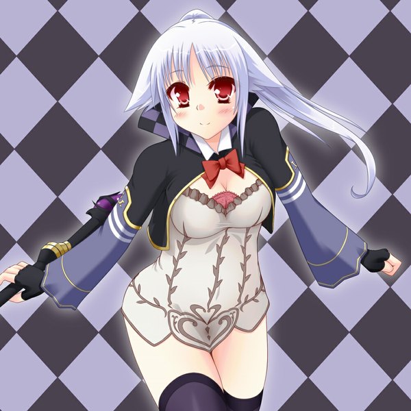 Anime picture 1000x1000 with fantasy earth binoche taletale single long hair blush light erotic smile red eyes white hair girl thighhighs gloves black thighhighs fingerless gloves staff