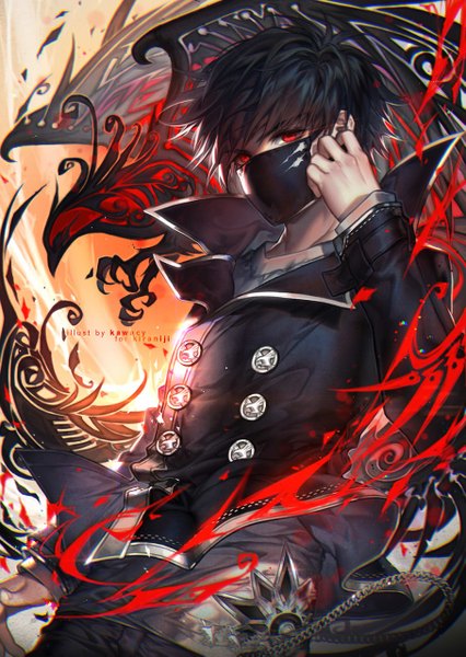 Anime picture 908x1280 with original kawacy single tall image looking at viewer fringe short hair black hair red eyes arm up boy animal bird (birds) chain mask buttons