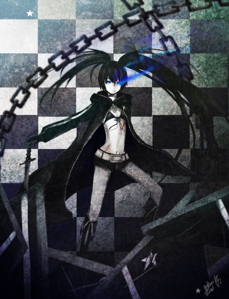Anime picture 1500x1950 with black rock shooter black rock shooter (character) huke single long hair tall image looking at viewer blue eyes black hair twintails inscription glowing scar glowing eye (eyes) checkered background girl gloves weapon sword shorts
