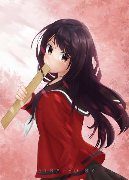Anime picture 2400x3360 with senryuu shoujo yukishiro nanako jbasco15 single long hair tall image looking at viewer blush fringe highres black hair smile standing holding brown eyes signed upper body long sleeves from behind sunlight