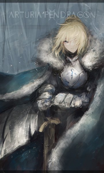 Anime-Bild 1054x1744 mit fate (series) fate/stay night artoria pendragon (all) saber marumoru single tall image looking at viewer fringe short hair blonde hair wind hair over one eye grey eyes fur trim character names 2017 girl weapon sword
