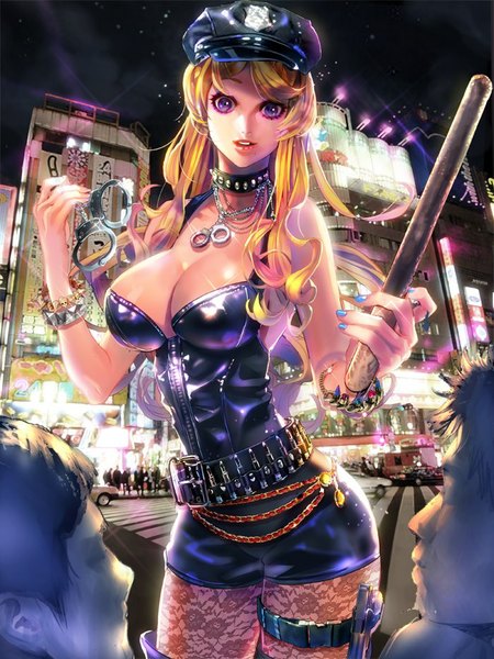 Anime picture 700x933 with furyou michi ~gang road~ imp long hair tall image looking at viewer breasts light erotic blonde hair large breasts standing purple eyes bare shoulders night night sky city cityscape city lights girl uniform pantyhose