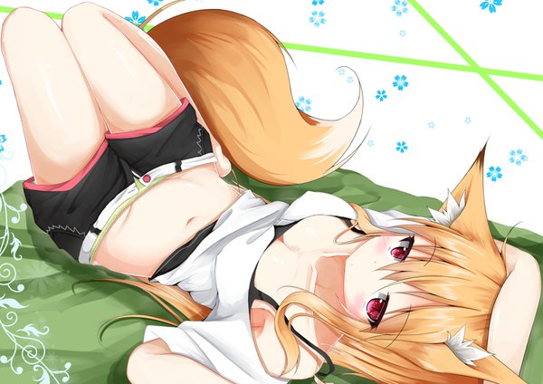 Anime picture 1457x1032 with original masa000010 single long hair looking at viewer blush fringe breasts light erotic blonde hair hair between eyes red eyes animal ears bent knee (knees) tail lying animal tail barefoot bare belly bare legs