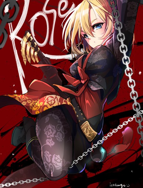 Anime picture 1200x1571 with elsword rose (elsword) kuroshio maki single tall image looking at viewer blush fringe short hair breasts blue eyes light erotic simple background blonde hair hair between eyes large breasts signed bent knee (knees) arms up from below