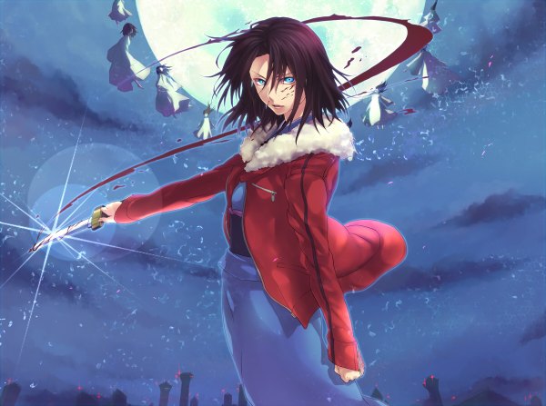 Anime picture 1200x894 with kara no kyoukai type-moon ryougi shiki nanatsu maka (artist) short hair blue eyes brown hair night flying girl jacket moon blood full moon