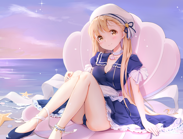 Anime picture 2026x1538 with original kinako (shiratama mochi) single long hair looking at viewer blush fringe highres breasts light erotic blonde hair sitting yellow eyes sky cleavage cloud (clouds) outdoors light smile arm support sparkle