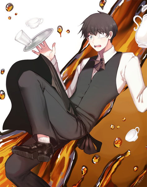 Anime picture 907x1150 with tokyo ghoul studio pierrot kaneki ken shouty-y single tall image short hair open mouth black hair signed looking away grey eyes waiter boy shirt white shirt apron eyepatch neckerchief glass