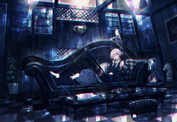 Anime picture 1100x759 with original mura karuki single looking at viewer fringe short hair open mouth hair between eyes red eyes ahoge white hair indoors barefoot fingernails mole open jacket no shoes crossed legs reclining checkered floor