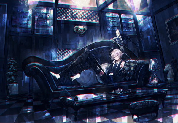 Anime-Bild 1100x759 mit original mura karuki single looking at viewer fringe short hair open mouth hair between eyes red eyes ahoge white hair indoors barefoot fingernails mole open jacket no shoes crossed legs reclining checkered floor