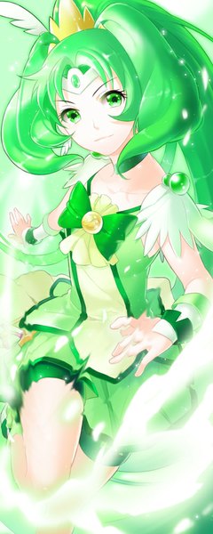 Anime picture 400x1000 with precure smile precure! toei animation midorikawa nao cure march aile (crossroads) single long hair tall image looking at viewer green eyes ponytail green hair jumping magical girl girl dress hair ornament choker leggings