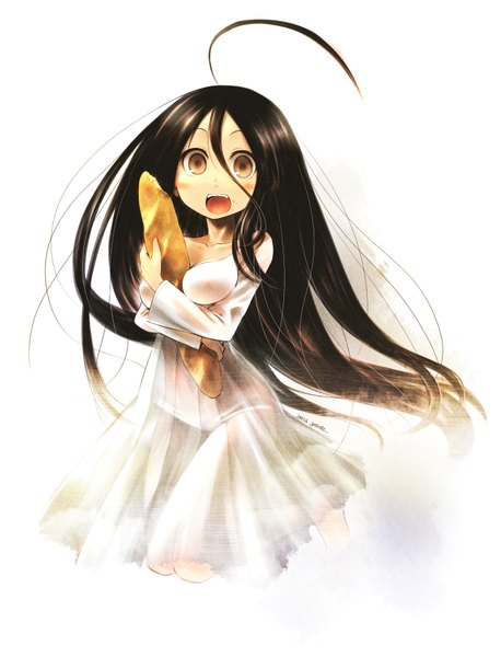 Anime picture 2875x3767 with original chankodining waka single long hair tall image blush highres open mouth black hair simple background white background brown eyes ahoge girl dress