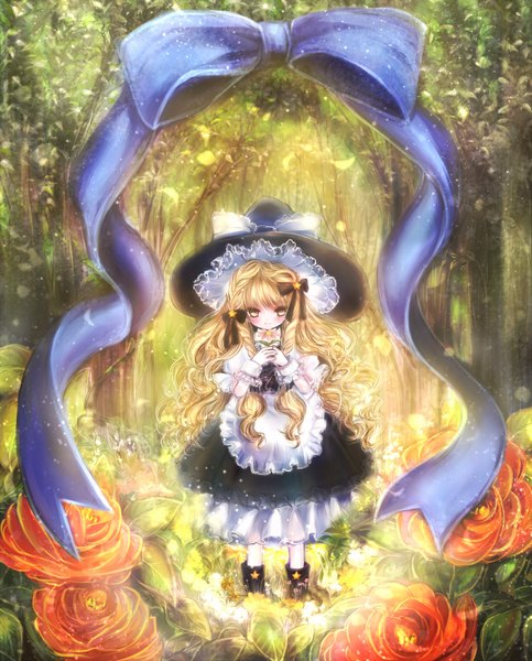 Anime picture 900x1117 with touhou kirisame marisa himemurasaki single long hair tall image looking at viewer blush blonde hair yellow eyes girl dress flower (flowers) bow plant (plants) hat tree (trees) rose (roses) witch hat