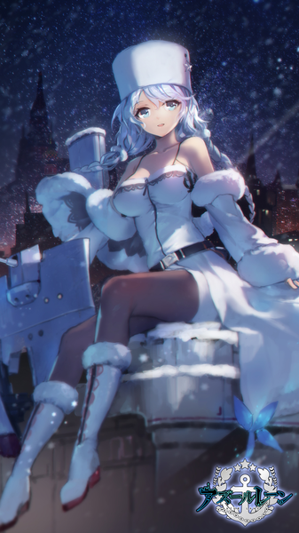 Anime picture 1080x1920 with azur lane avrora (azur lane) swd3e2 single long hair tall image looking at viewer fringe breasts open mouth blue eyes large breasts sitting bare shoulders payot full body bent knee (knees) white hair braid (braids) light smile