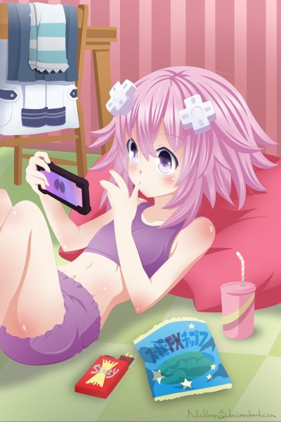 Anime picture 1600x2400 with choujigen game neptune neptune (choujigen game neptune) nickleon5 single tall image blush short hair pink hair lying pink eyes bare belly loli coloring finger to mouth checkered floor girl pillow drink psp