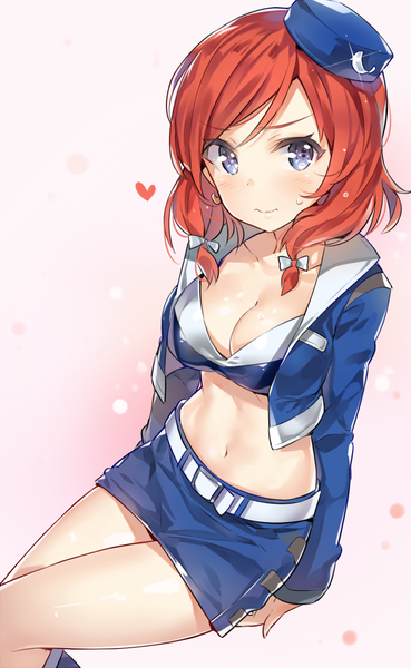 Anime picture 781x1267 with love live! school idol project sunrise (studio) love live! nishikino maki yuran (cozyquilt) single long hair tall image looking at viewer blush breasts blue eyes light erotic sitting cleavage red hair bare belly girl skirt navel