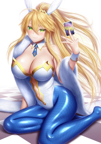 Anime picture 1450x2051 with fate (series) fate/grand order artoria pendragon (all) artoria pendragon (swimsuit ruler) (fate) masatoki single long hair tall image looking at viewer blush fringe breasts light erotic simple background blonde hair smile hair between eyes large breasts white background sitting