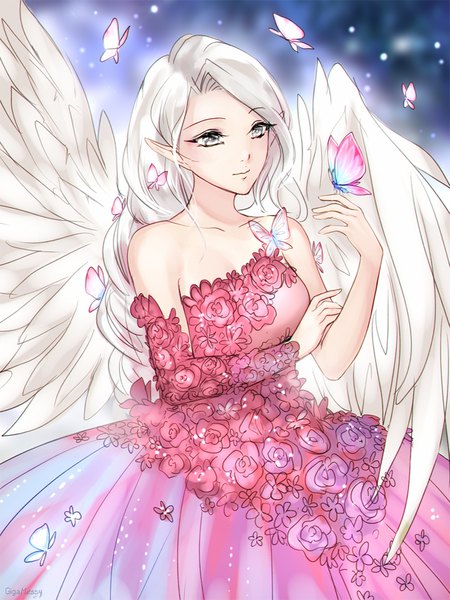 Anime-Bild 750x1000 mit original gigamessy single long hair tall image bare shoulders signed looking away silver hair braid (braids) pointy ears single braid floral print angel wings silver eyes holding arm butterfly on hand asymmetrical clothes girl dress