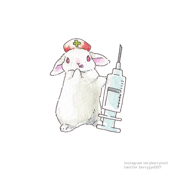 Anime picture 2000x2000 with original berry jou highres simple background white background signed no people :q traditional media colored pencil (medium) animal tongue bunny nurse cap syringe