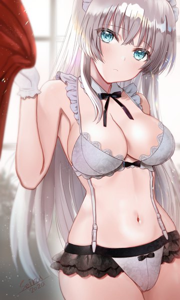 Anime picture 1200x2000 with fate (series) fate/grand order anastasia (fate) hijiri ruka single long hair tall image looking at viewer blush fringe breasts blue eyes light erotic hair between eyes standing signed payot silver hair indoors head tilt