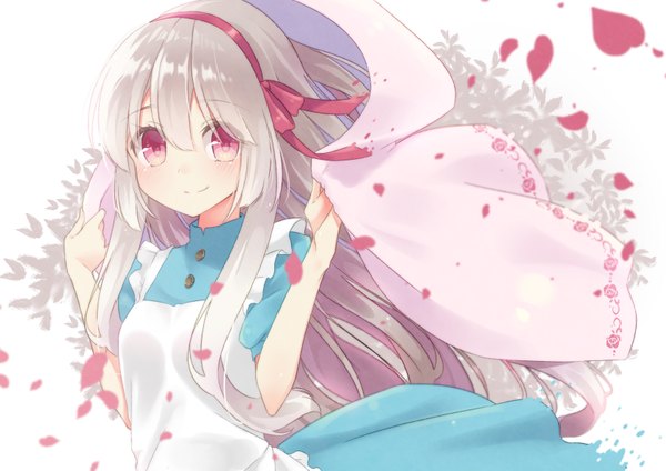 Anime picture 1684x1191 with kagerou project shaft (studio) mary (kagerou project) tika (mika4975) single long hair looking at viewer blush smile silver hair pink eyes wind girl ribbon (ribbons) hair ribbon petals