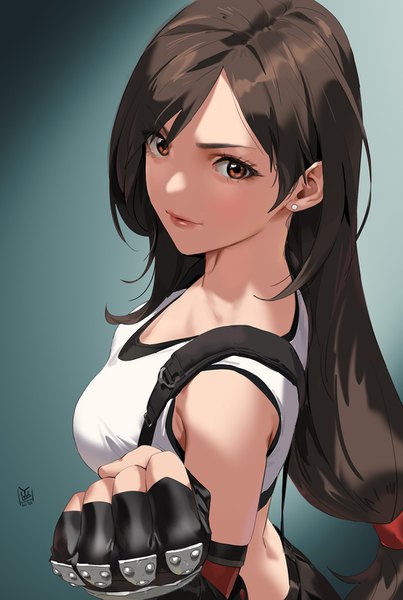 Anime picture 1000x1489 with final fantasy final fantasy vii final fantasy vii remake square enix tifa lockhart yd (orange maru) single long hair tall image looking at viewer blush fringe simple background smile brown hair brown eyes signed upper body low ponytail 2020