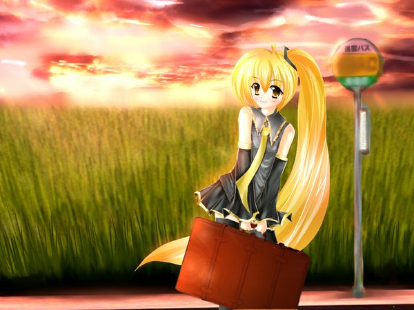 Anime picture 1024x768 with vocaloid akita neru rikatan blonde hair evening sunset girl