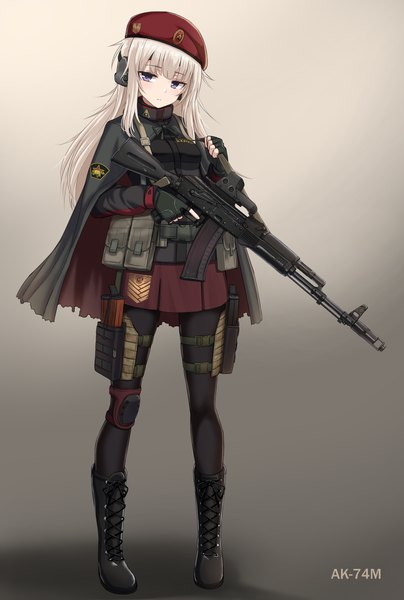 Anime picture 1346x2000 with girls frontline ak-74m (girls frontline) rabochicken single long hair tall image looking at viewer fringe simple background purple eyes holding silver hair full body long sleeves head tilt pleated skirt gradient background lacing trigger discipline girl