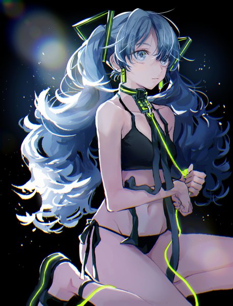 Anime picture 991x1299 with vocaloid hatsune miku makoto (roketto-massyumaro) single long hair tall image blue eyes light erotic twintails blue hair looking away lens flare black background expressionless girl underwear panties earrings lingerie bra