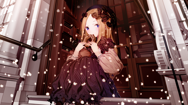 Anime picture 1920x1080 with fate (series) fate/grand order abigail williams (fate) atha (leejuiping) single long hair looking at viewer blush fringe highres open mouth blue eyes blonde hair wide image sitting holding outdoors eating girl dress