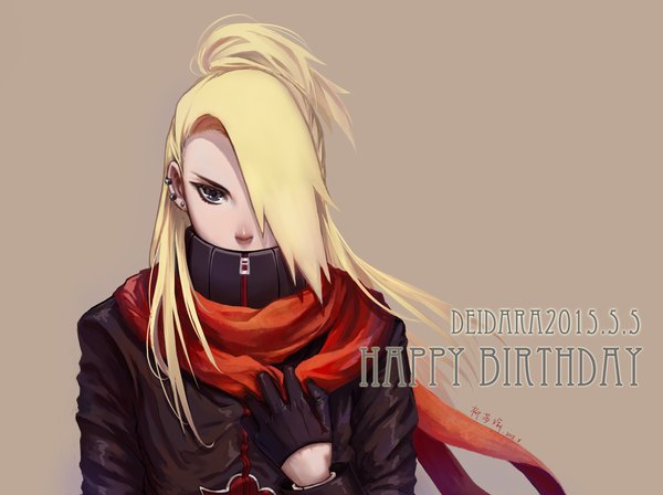 Anime picture 1188x888 with naruto studio pierrot naruto (series) deidara sitta single long hair fringe simple background blonde hair hair over one eye grey eyes piercing hand on chest ear piercing happy birthday brown background akatsuki boy gloves