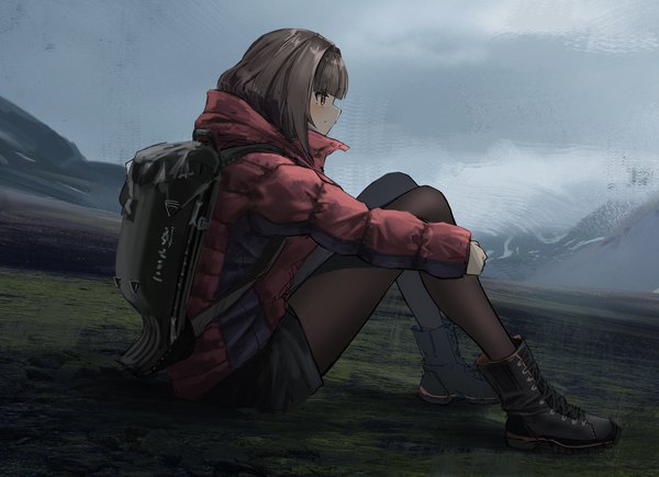 Anime picture 2355x1706 with original sthk single fringe highres short hair black hair red eyes brown hair sitting looking away sky full body outdoors long sleeves profile landscape lace-up boots girl pantyhose